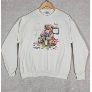 Vintage Delta Grandma Bear Graphic Sweater White XL Made in USA 90s *HAS STAINS*